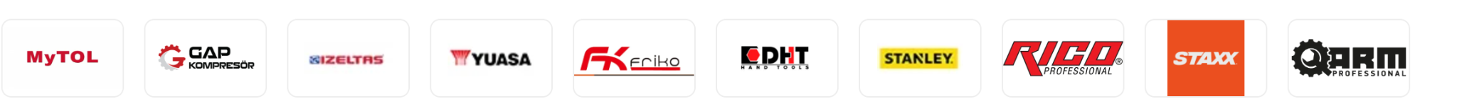 MyTOL, GAP Kompresör, İzeltaş, Yuasa, Friko, DHT, Stanley, Rico Professional, Staxx ve HBM Professional